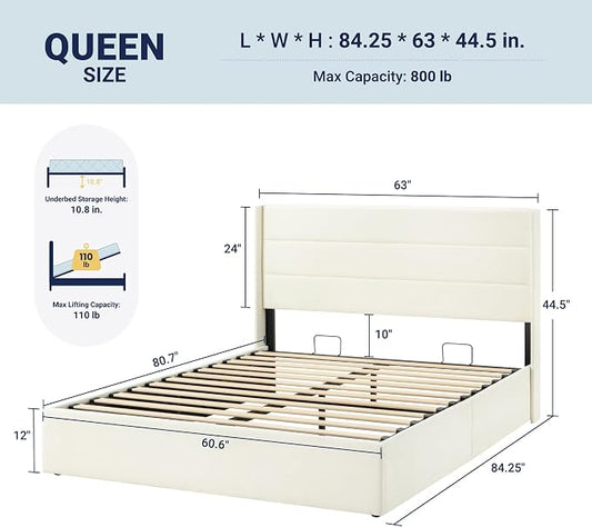 Allewie Queen Size Lift Up Storage Bed, Chenille Fabric Upholstered, Modern Wingback Headboard, Hydraulic Support, No Box Spring Needed, Cream White