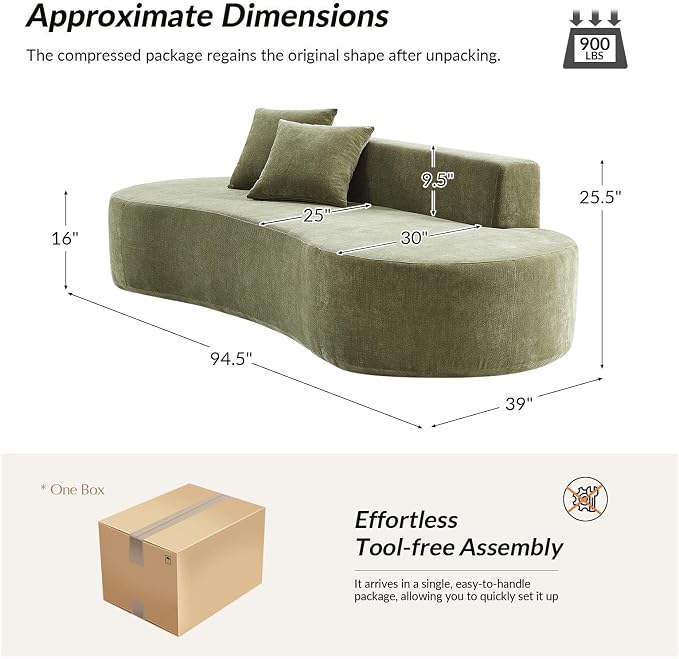 94.5" Boneless Sofa with 2 Pillows, 3 Seater Compressed Foam Sofa with Half Moon Design & Deep Seat, No Assembly Required, Modern Cloud Couch for Living Room, Olive