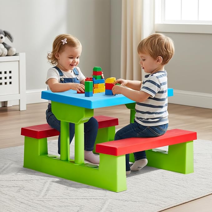 JOYMOR Kids Picnic Table with Removable Umbrella, Plastic Kids Activity Table for Outdoors, Toddler Table and Bench Set for Ages 3+, Ideal for Garden, Patio, Coloful