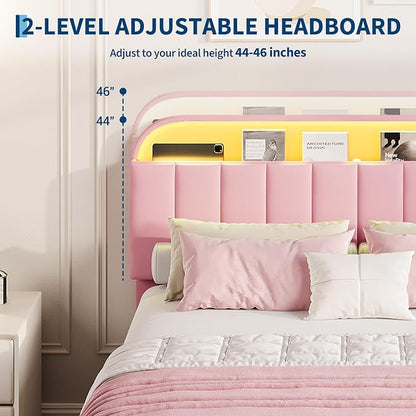 Garvee Full Size Bed Frame with 2 Flexible Drawers, Velvet Upholstered Platform Bed Frame with Bookcase Headboard and LED Lights, Kids Bed for Girls, Easy Assembly, Noise Free, Pink