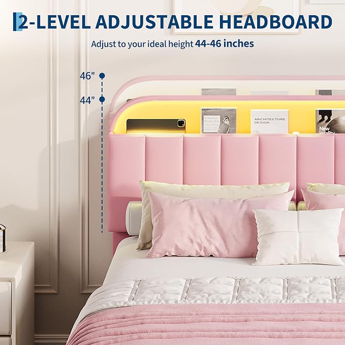 GarveeHome Queen Bed Frame with Storage Headboard, Kids Bed Frame with 2 Drawers, Velvet Upholstered Platform Bed Frame with Lights, No Box Spring Needed, Easy Assembly, Velvet Pink