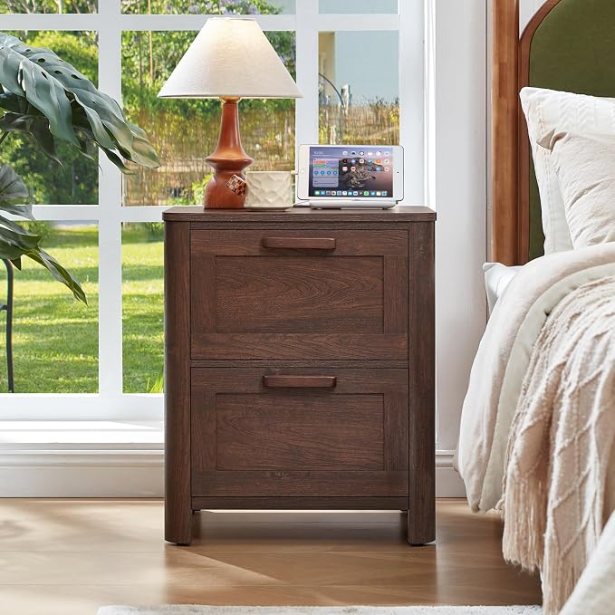 Joaxswe Farmhouse Nightstand Set of 2 with Charging Station, End Tables Bedroom with 2 Large Drawers & 4 Thickened Table Legs, Walnut