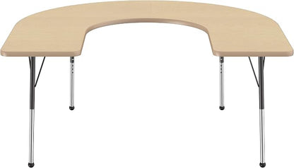 FDP Horseshoe Activity School and Office Table (60 x 66 inch), Standard Legs with Ball Glides for Collaborative Seating Environments, Adjustable Height 19-30 inches - Maple Top and Maple Edge