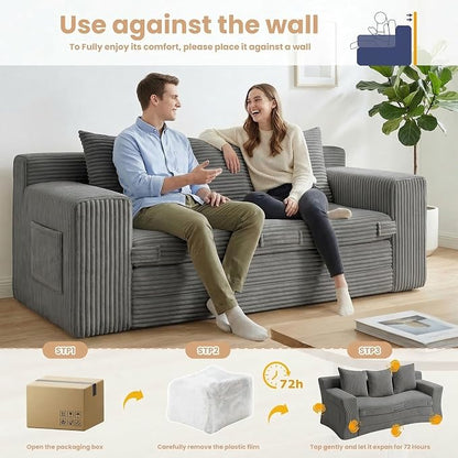 Boneless Couch Sofa Bed, 70'' Convertible Tri-Folding Futon Sleeper with Handle & Side Pockets, Pull Out Couch Bed with Hook and Loop No Assembly for Small Space,Living Room & Bedroom