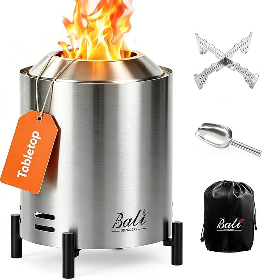 BALI OUTDOORS 6.5 inch Tabletop Fire Pit Round, Stainless Steel Table Top Firepit Small, Outdoor Smokeless Firepit Portable, Silvery