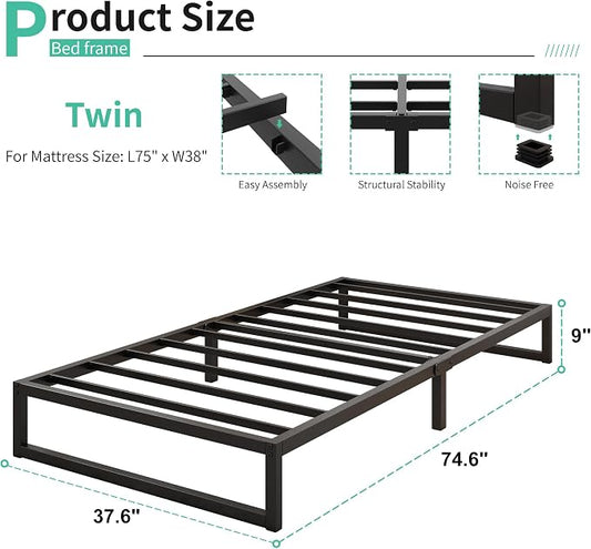 Lutown-Teen 9 Inch Twin Bed Frames Heavy Duty Metal Twin Platform Bed Frame No Box Spring Needed, Noise Free, Easy Assembly, Black