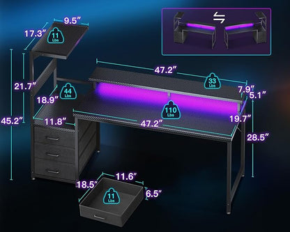 AODK 59 Inch Gaming Desk with LED Light- Reversible Computer Desk with Storage Shelves & Monitor Stand, Fabric Drawers Fits Compact PC Towers, Black