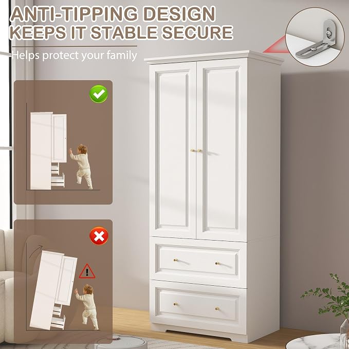 Armoire Wardrobe Closet with Drawers: 74" White Wardrobe Closet with 2 Doors, Tall Bedroom Armoires for Clothes, Wood Closets Cabinet for Hanging Clothes (31.5")
