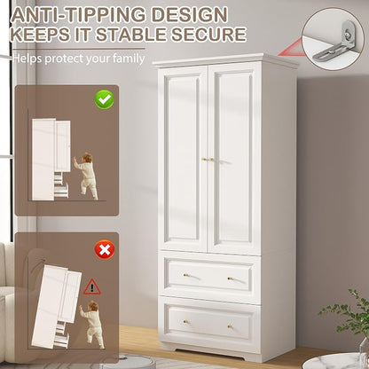Armoire Wardrobe Closet with Drawers: 74" White Wardrobe Closet with 2 Doors, Tall Bedroom Armoires for Clothes, Wood Closets Cabinet for Hanging Clothes (31.5")