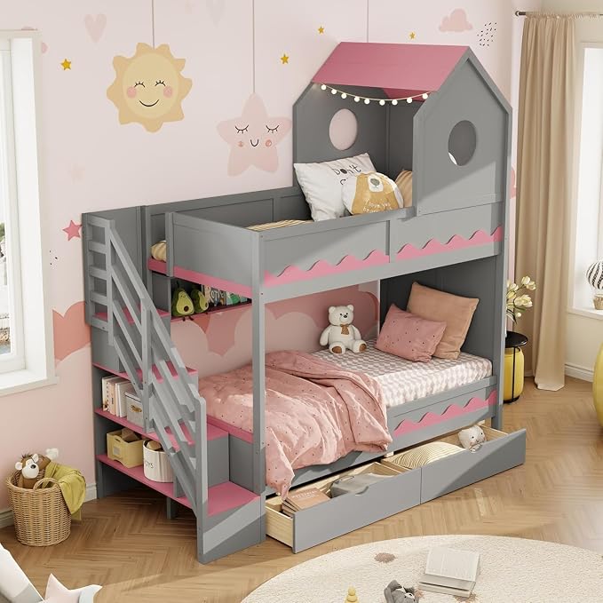 Virubi Twin House Bunk Bed with Stairs and Drawers,Wood Castle Bed with Storage Drawers Shelves& LED Lights (Twin Over Twin,Grey)