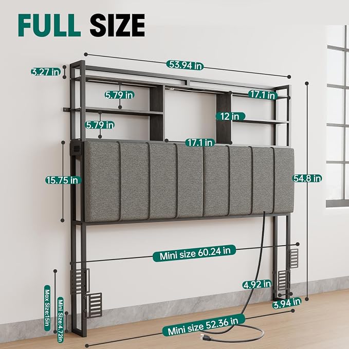 54.8" Tall Headboard Full Size Bed with 3-Tier Storage Shelves, Linen Upholstered Head Board with USB & Type C Port & LED Light, Soft Backrest for Full Size Bed
