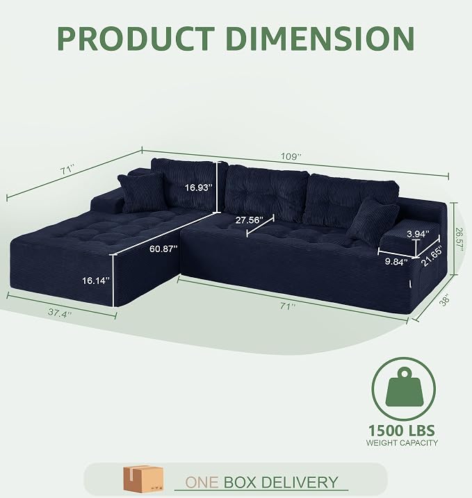 Hobestluk Modular Sectional Sofa Couches L-Shape Couch 3 Seat Modular Sofa Memory Foam Sectional Couches for Living Room, Cloud Couch with Oversized Chaise (Dark Blue Corduroy, 108", Left Hand Facing)