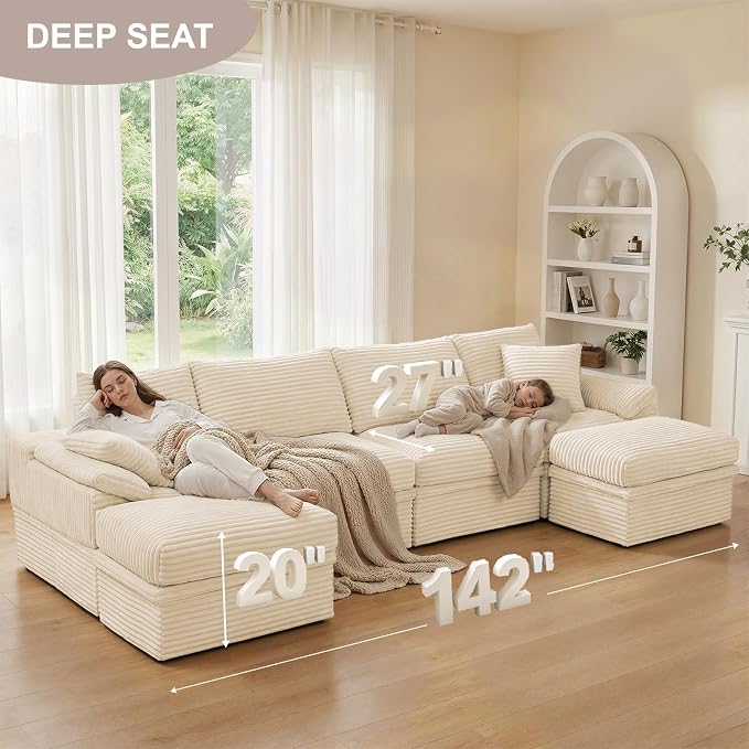 142" Modular U-Shaped Sectional Sofa with Storage, 4-Seat Corduroy Boneless Couch, 27" Deep Seat Cloud Couch & 2 Movable Ottoman, Tool-Free Assembly, Couch for Living Room, Beige