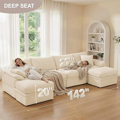 142" Modular U-Shaped Sectional Sofa with Storage, 4-Seat Corduroy Boneless Couch, 27" Deep Seat Cloud Couch & 2 Movable Ottoman, Tool-Free Assembly, Couch for Living Room, Beige