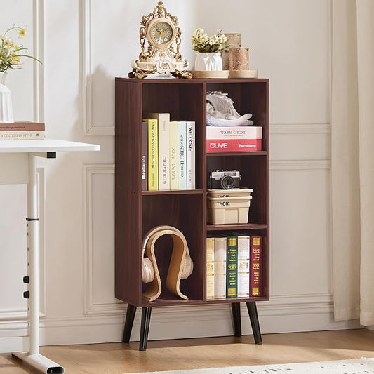 LEYAOYAO 5 Cube Bookshelf 3-Tier Bookcase with Legs,Mint Walnut Kids Book Shelf Cute Storage Organizer,Free Standing Open Toy Shelves Wood Bookshelves,Display Bookcases for Bedroom,Living Room,Nursery