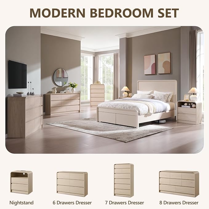Aitjunz Modern 6 Drawers Dresser for Bedroom, 47" Wide Wood Dressers, Cream | Wooden Dressers & Chests of Drawers w/Curved Profile Design, Mid Century Dresser w/Handleless Design for Bedroom, Living Room