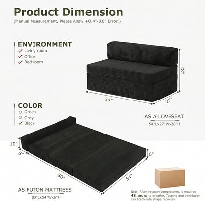 5-in-1 Convertible Sofa Bed, Boneless Couch Loveseat with Removable Cushions & Washable Cover, Futon Sofa Bed with Handle, Pull Out Couch for Small Spaces, Full Size, Black