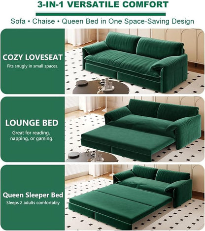 66" Sofa Bed Queen Size, Pull Out Couch Bed, 3-in-1 Convertible Sleeper Sofa with Side Pocket, Modern Velvet Futon Couch for Living Room, Small Space, Apartment, Bedroom, Green
