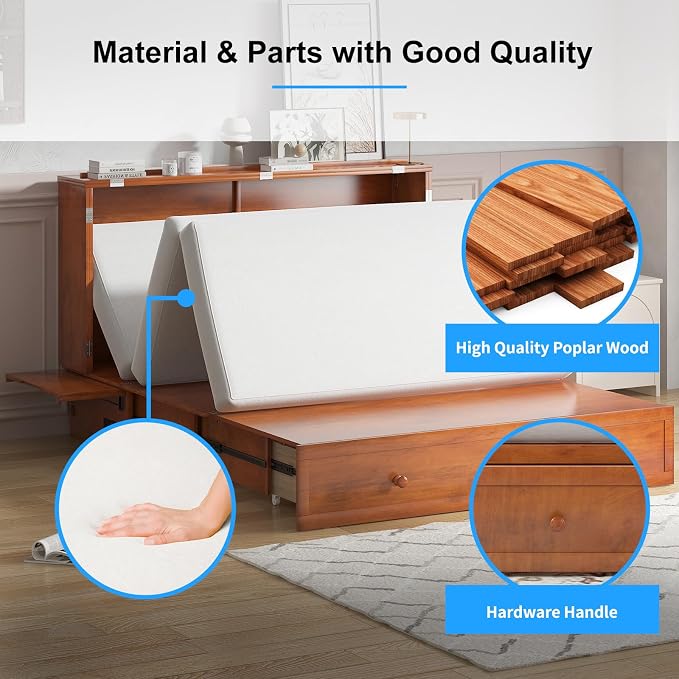 PUREMIND Queen Murphy Bed with Mattress Included, Murphy Cabinet Bed with Storage Drawer, Built-in Charging Station, Solid Wood Frame, Space-Saving Cabinet Beds for Small Spaces/Guest Room (Cherry)