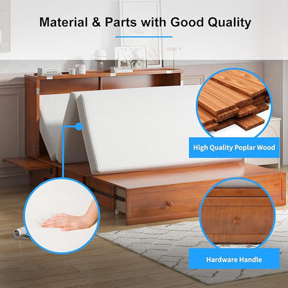 PUREMIND Queen Murphy Bed with Mattress Included, Murphy Cabinet Bed with Storage Drawer, Built-in Charging Station, Solid Wood Frame, Space-Saving Cabinet Beds for Small Spaces/Guest Room (Cherry)