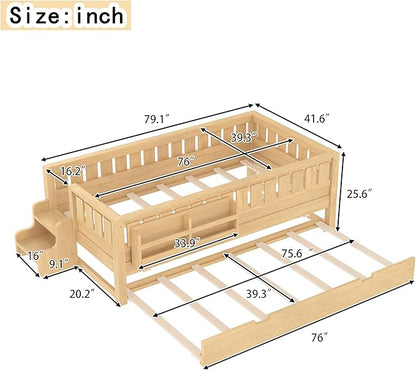 Bellemave Twin Size Kids Bed with high Rails and with Built-in Bookshelf and Trundle for Kids, Girls, Boys, Wood Montessori Bed Without Door, Light Natural