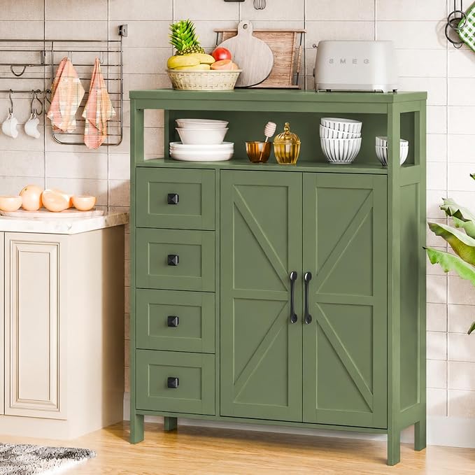 Vabches Farmhouse Storage Cabinet with 2 Doors and 4 Drawers, Freestanding Bathroom Compartment Kitchen Pantry Cabinet, Floor Cupboard for Kitchen/Living Room/Bathroom,Green