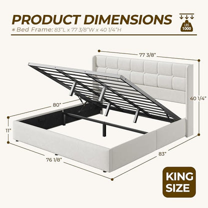 HISOFT King Size Lift Up Storage Bed Frame, Linen Upholstered Platform Bed with Wingback Headboard, Heavy Duty Hydraulic Gas Lift Underbed Space, Reinforced Full Metal Slats, Noise Free, Light Beige