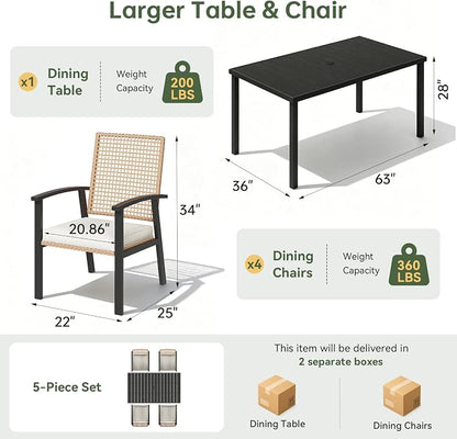 Aoxun 5-Piece Patio Table and Chairs Set for 4 with Umbrella Hole, Outdoor Dining Set with 6 Wicker Chairs and 1 Rectangular Metal Table, Patio Dining Sets with Soft Cushion for Backyard, Garden