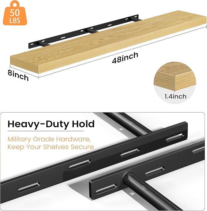 Fun Memories 48 Inch Floating Shelves - Fireplace Mantel Shelf - Deep Wall Mounted Wood Storage Shelf for Bedroom, Kitchen, Farmhouse - 1 Pack, Oak