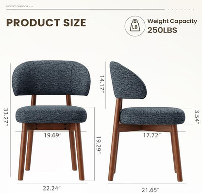 MALOL Wooden Dining Chairs Set of 2, Modern Upholstered Dining Room Chair, Fabric Kitchen Side Chairs with Curved Open Back for Living Room/Restaurant/Cafe, Dark Blue