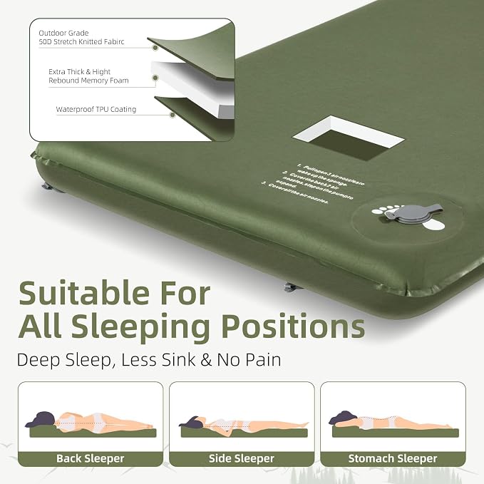 Wevelel Memory Sleeping Pad, 3.1" Ultra-Thick Foam Sleeping Mats for Camping, Easy Inflate&Deflate,9.5 R-Value Insulated Camping Mattress Pad with Pillow, for Car Travel Tent