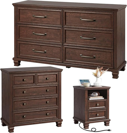 SAVOR LIFE Farmhouse Dresser and Nightstand Sets of 3, 6/5 Drawer Dresser & 2 Drawer Nightstand, Rustic Brown Bedroom Furniture Set for Home, Bedroom, Hallway, Walnut
