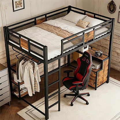 Bellemave Full Loft Bed with Desk & Storage Fabric Drawers, Shelves, Heavy Duty Full Size Metal Loft Bed Frame for Adults & Teens, Space Saving Bed for Small Room, Dorm & Apartment, Black