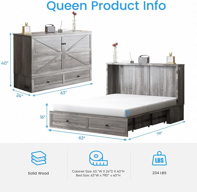 PUREMIND Queen Murphy Bed Cabinet, Multi-Functional Hideaway Cabinet Bed with Storage Drawer, USB Charging Ports and Folding Bedside Panel, Space Saving Chest Beds Wallbed for Guest Room/Small Space