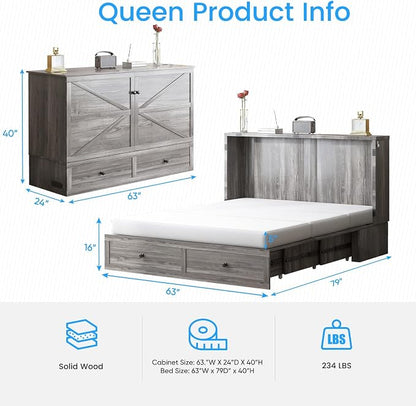 PUREMIND Queen Murphy Bed Cabinet, Multi-Functional Hideaway Cabinet Bed with Storage Drawer, USB Charging Ports and Folding Bedside Panel, Space Saving Chest Beds Wallbed for Guest Room/Small Space