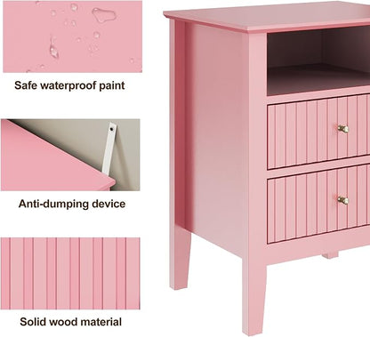 RoyalCraft Pink Fluted Nightstand Set of 2, Colorful Nightstand with 2 Drawers, Modern Wooden End Table with Storage for Small Spaces, Side Table for Bedroom, Couch, Home Office