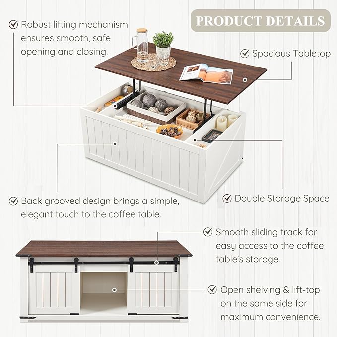 IFGET 48" Lift Top Coffee Table, Farmhouse Cocktai with Sliding Groove Barn Door, Rustic Wood Center Table w/Double Storage Spaces for Living Room, White