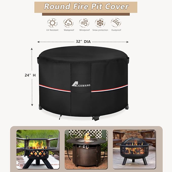 Fire Pit Cover Round 32 Inch Waterproof,Outdoor Heavy Duty Durable 600D Tear-Resistant Fire Pit Table Cover,Patio Round Firepit Cover 32" D x 24" H, Black
