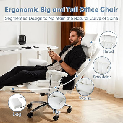 DUMOS Home Office Desk Executive Chair, Big Tall High Back, Snow White | Ergonomic Chair with Footrest & Lumbar Support, Height Adjustable, Comfy PU Leather Computer Gaming with Swivel Wheels