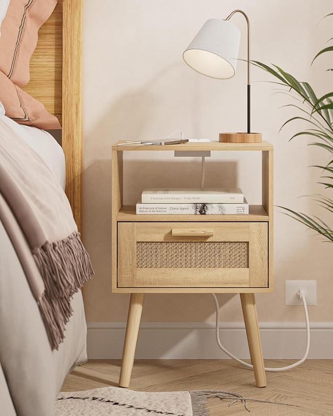 Aienvey Rattan Nightstand with Charging Station, Small Night Stand, Side Table with Drawer Open Shelf, Cane Accent Bedside End Table with Wood Legs, Modern Nightstand for Bedroom, Oak (Modern)