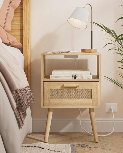 Aienvey Rattan Nightstand with Charging Station, Small Night Stand, Side Table with Drawer Open Shelf, Cane Accent Bedside End Table with Wood Legs, Modern Nightstand for Bedroom, Oak (Modern)