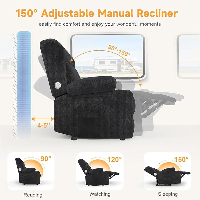 RV Loveseat Recliner Sofa, Wall Hugger Reclining Loveseat RV Couch with USB Ports, Cup Holders, Pockets, 150° Adjustable RV Furniture Velvet Fabric Recliners for Travel & Home Theater Seating