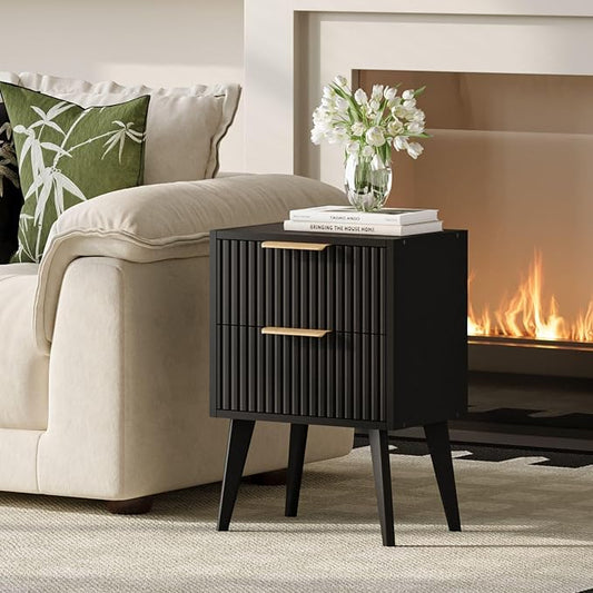 YAUKOMEL Black Nightstand,Mid Century Modern Bedside Table, Fluted Nightstand with 2 Drawers,Side Table with Wood Legs, End Table for Bedroom,Apartment,Dormitory,Small Space Black CTG55BK