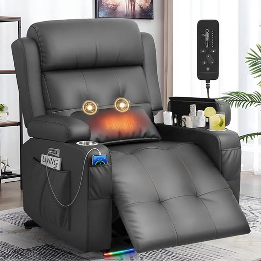 Extra Wide Seat Recliner Chair with Heat and Back Massage, Electric Power Oversized Reclining Chair Infinite Position with Storage Armrests & 2 Cup Holders for Living Room, Manual Recliners