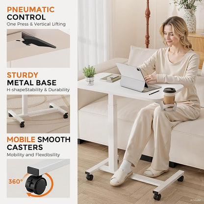GTPLAYER Small Standing Desk with Lockable Wheels, Pneumatic Mobile Rolling Laptop Desk,Adjustable Height Overbed Bedside Table Computer Workstation for Home Office (28" W x 16" D, White)