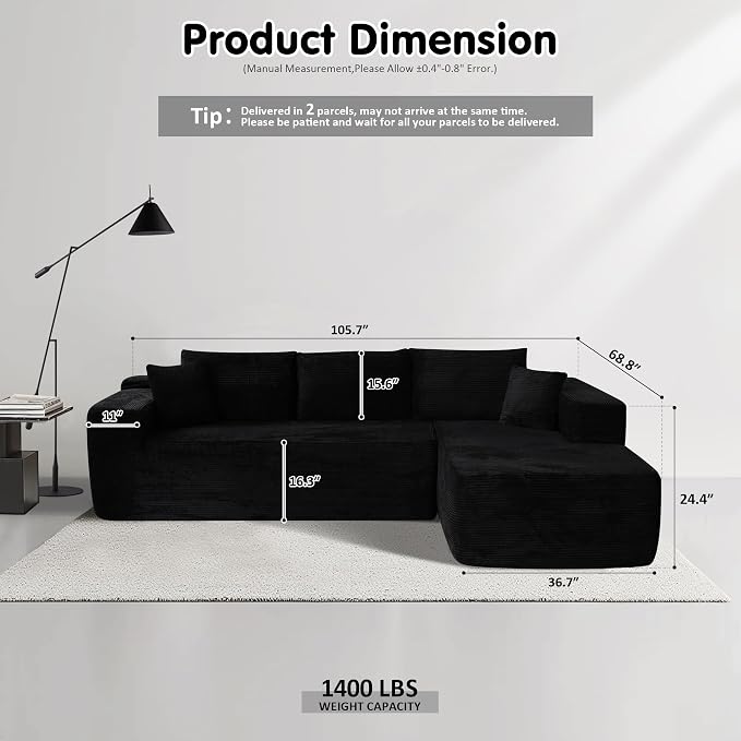 ovios 104" Cloud Boneless Couch with L-Shape Chaise,Modern Sectional Modular Sofa with Deep Seat, Upholstered Couches for Living Room Bedroom,No Assembly Required, Black (Corduroy Fabric)