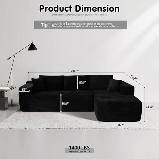 ovios 104" Cloud Boneless Couch with L-Shape Chaise,Modern Sectional Modular Sofa with Deep Seat, Upholstered Couches for Living Room Bedroom,No Assembly Required, Black (Corduroy Fabric)