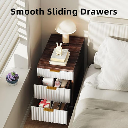 Kalrin Narrow Nightstand with Hidden Outlets & USB Ports, Modern Fluted Bedside Table with 3 Drawers, Engineering Wooden End Tables for Bedroom and Living Room(Brown & White)
