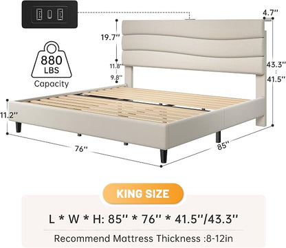 EnHomee King Size Platform Bed Frame with Headboard, Adjustable Height, Wooden Slats,Charging Stations,Noise-Free, No Box Spring Needed,Easy Assembly,Beige