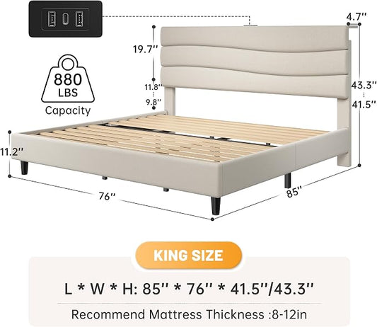 EnHomee King Size Platform Bed Frame with Headboard, Adjustable Height, Wooden Slats,Charging Stations,Noise-Free, No Box Spring Needed,Easy Assembly,Beige